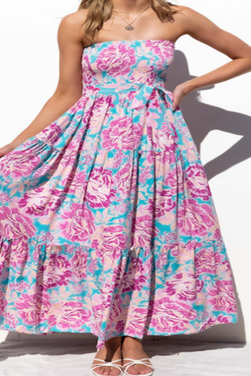 Casual Print Patchwork Strapless Cake Skirt Dresses(3 colors)
