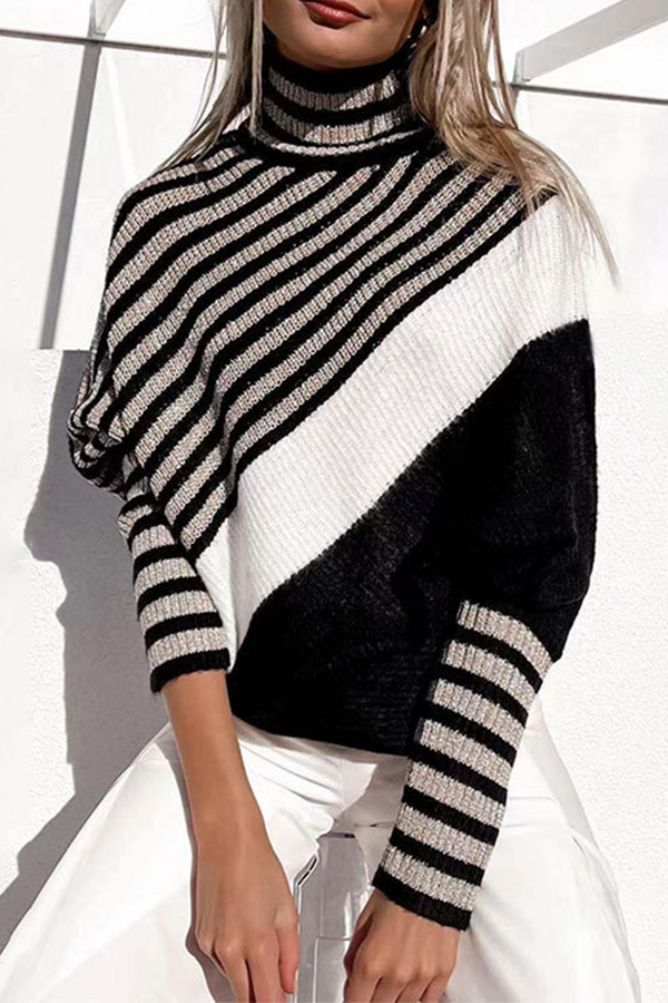 Casual Striped Patchwork Half A Turtleneck Sweaters