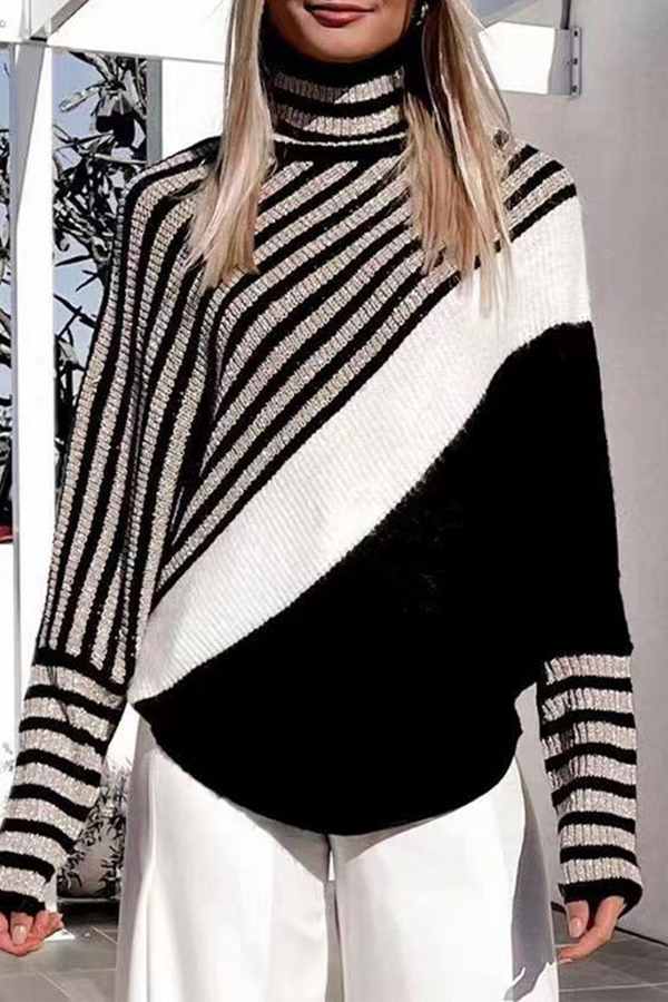 Casual Striped Patchwork Half A Turtleneck Sweaters