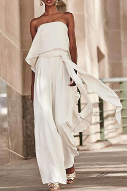 Fashion Solid Bandage Strapless Straight Jumpsuits