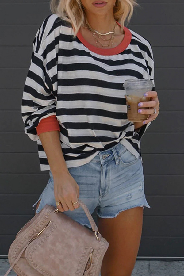 Fashion Striped Patchwork O Neck Tops