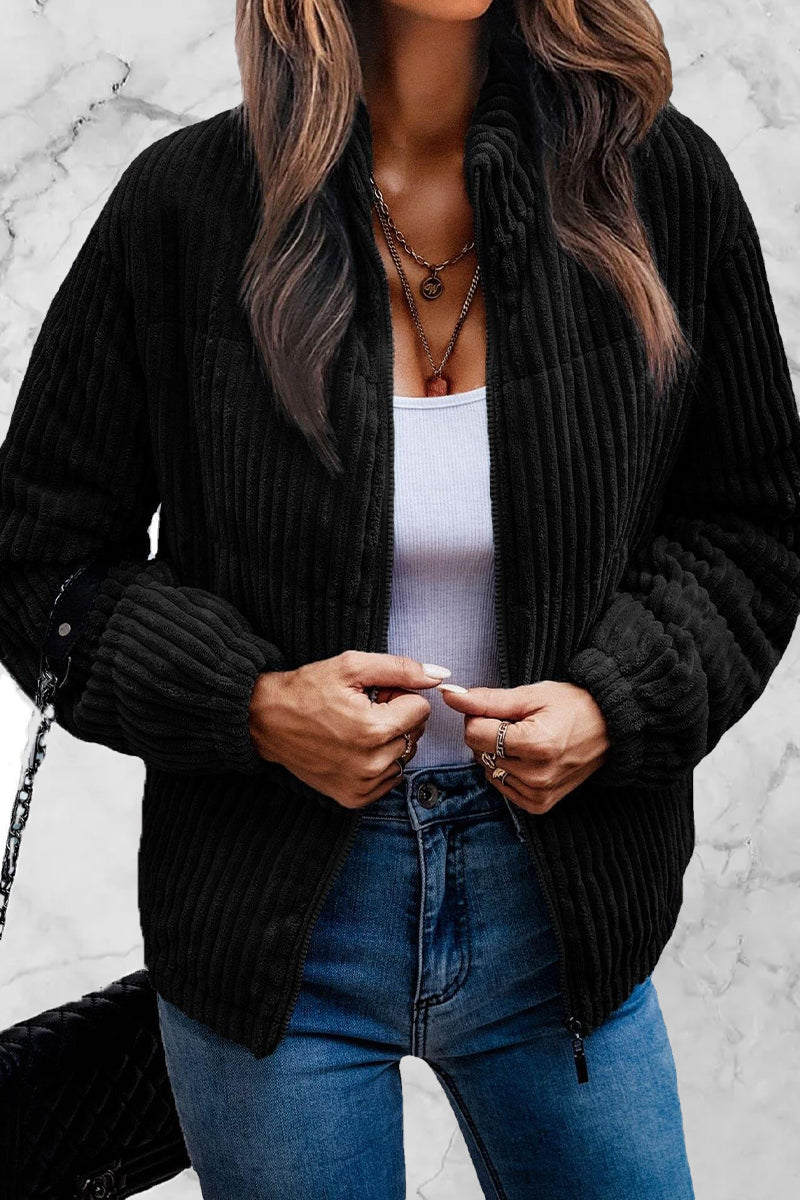 Fashion Plaid Striped Zipper Mandarin Collar Outerwear