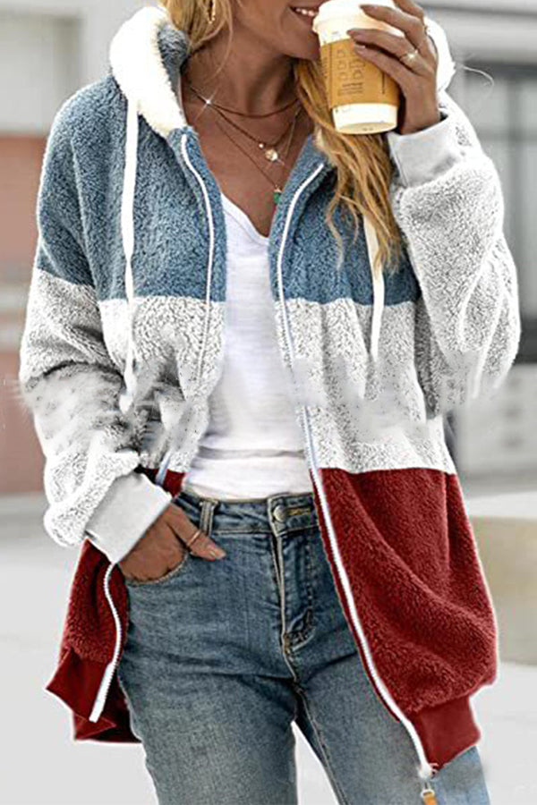 Casual Color Block Patchwork Hooded Collar Outerwear