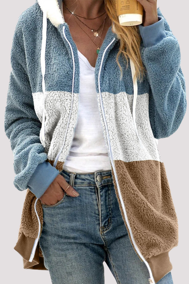 Casual Color Block Patchwork Hooded Collar Outerwear