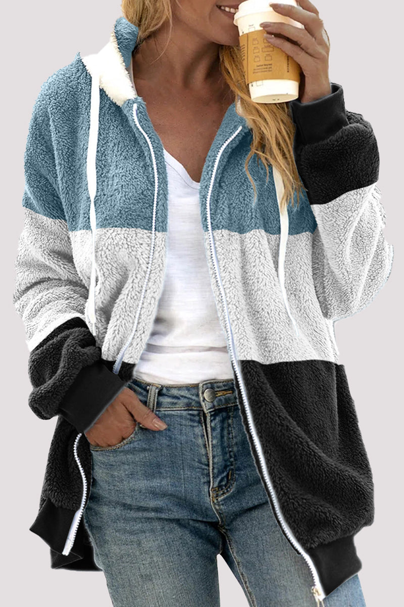 Casual Color Block Patchwork Hooded Collar Outerwear