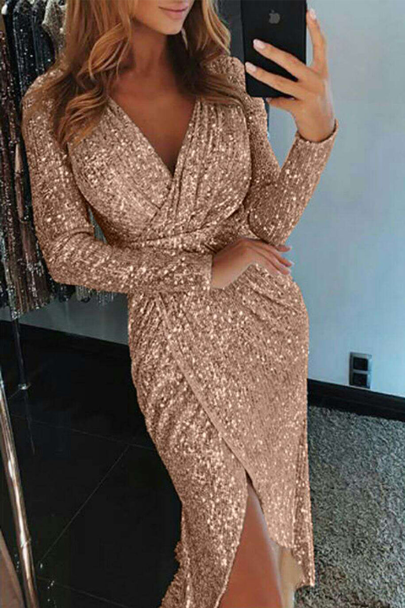 Sexy Elegant Solid Sequins V Neck A Line Dresses(8 Colors)