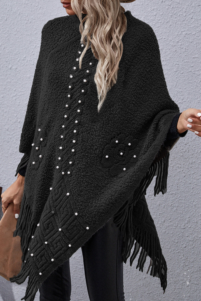 Casual Solid Tassel Rivets Asymmetrical O Neck Outerwear