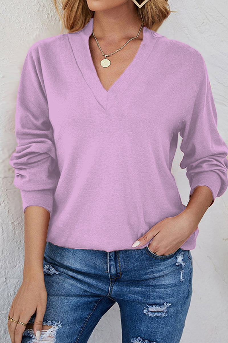 Casual Solid Color V Neck Long Sleeve Tops(3 Colors)