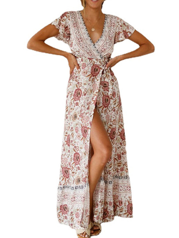 Floral Print Bohemian V Neck Short Sleeve Maxi Dress