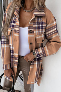 Street Plaid Buckle With Belt Turndown Collar Outerwear