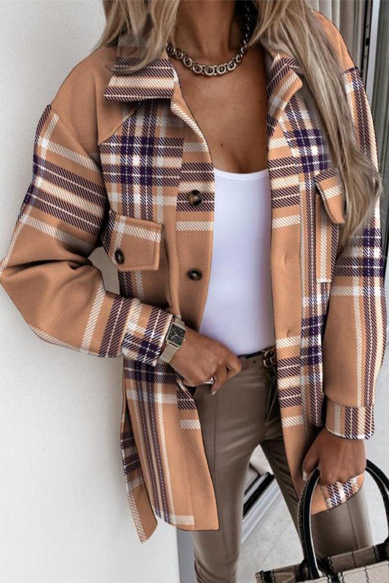 Street Plaid Buckle With Belt Turndown Collar Outerwear