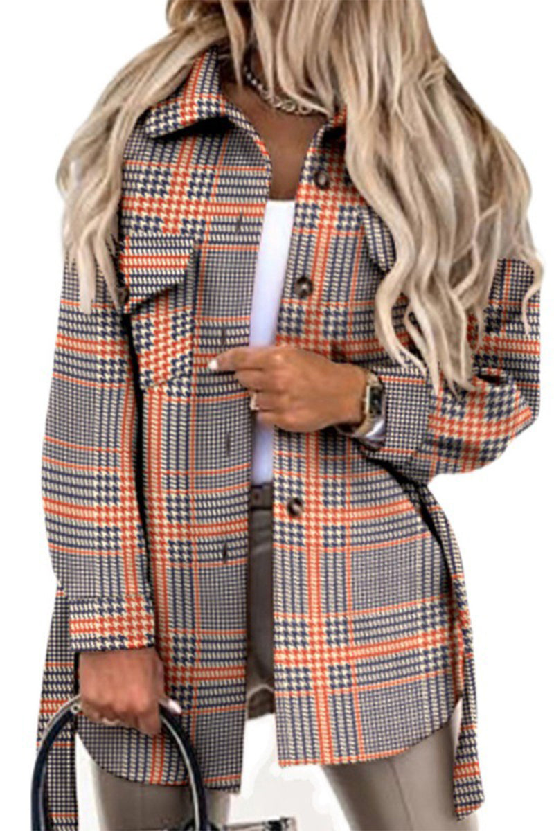 Street Plaid Buckle With Belt Turndown Collar Outerwear