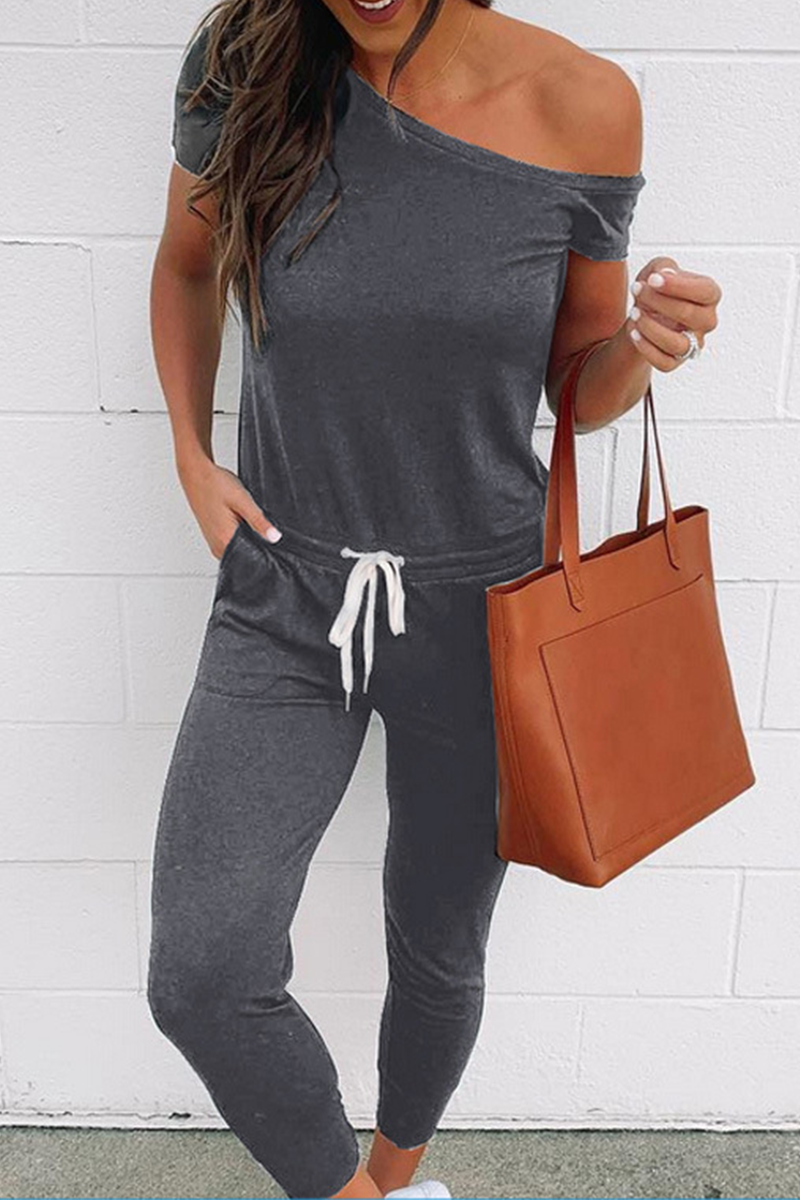 Casual Solid Draw String One Shoulder Skinny Jumpsuits