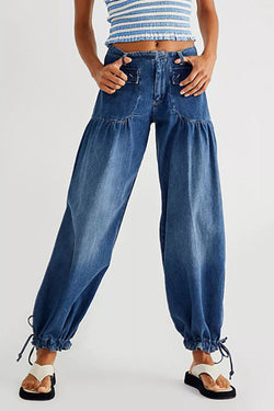 Street Solid Patchwork High Waist Loose Denim Jeans