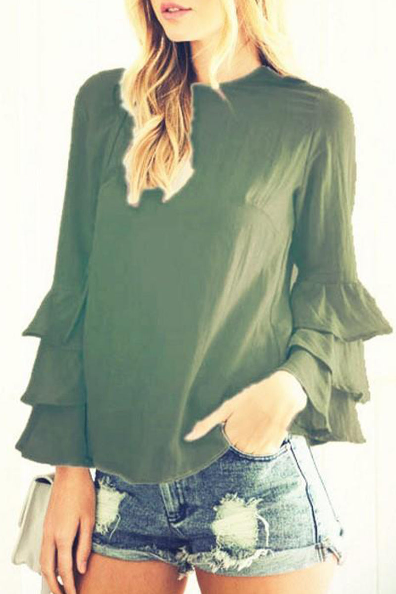 Casual Solid Flounce O Neck Tops(9 Colors)