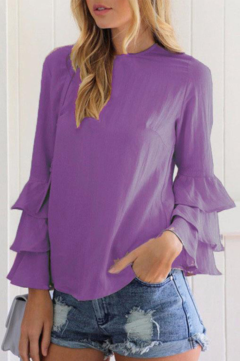 Casual Solid Flounce O Neck Tops(9 Colors)