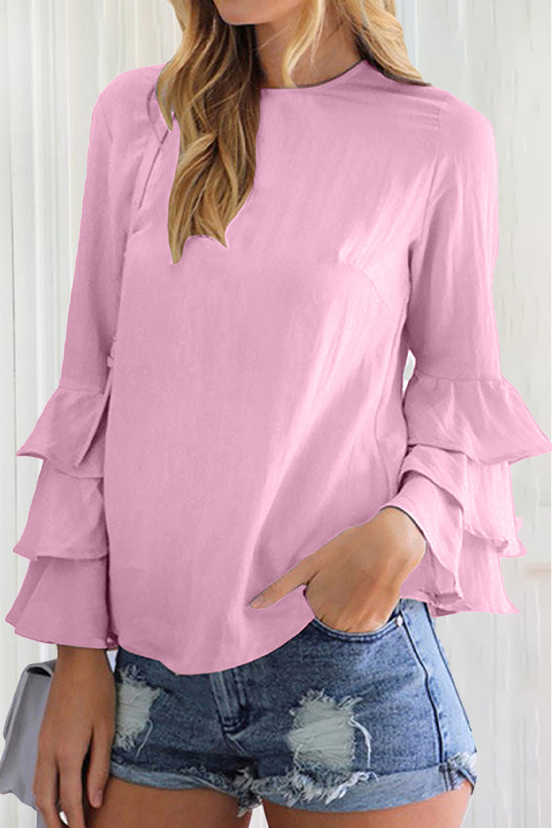 Casual Solid Flounce O Neck Tops(9 Colors)