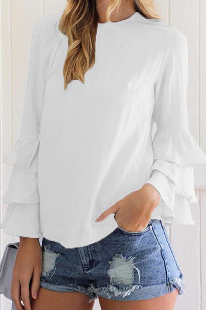 Casual Solid Flounce O Neck Tops(9 Colors)