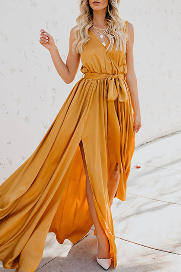 Elegant Solid High Opening V Neck Sleeveless Dress Dresses