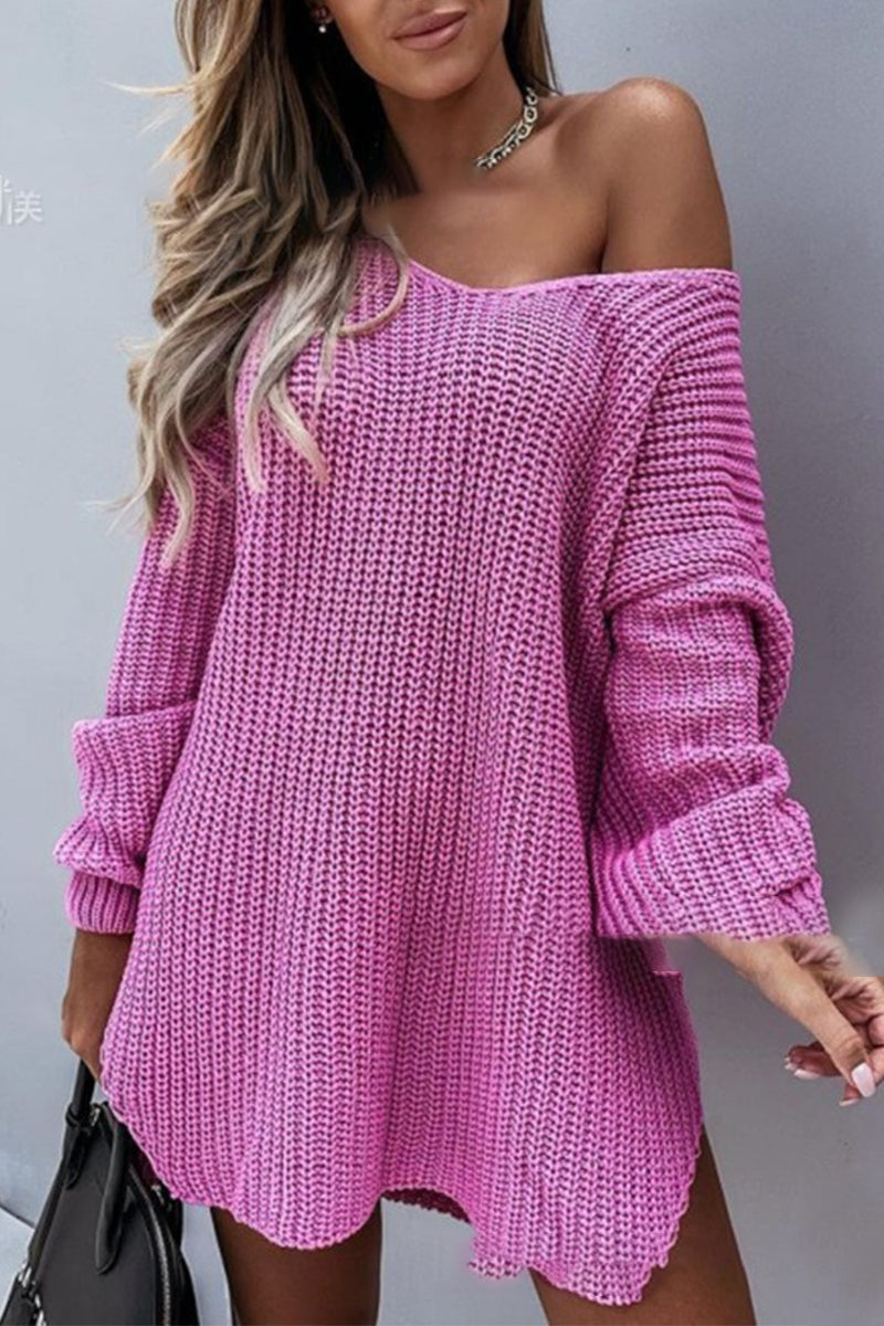 Casual Solid Slit V Neck Tops