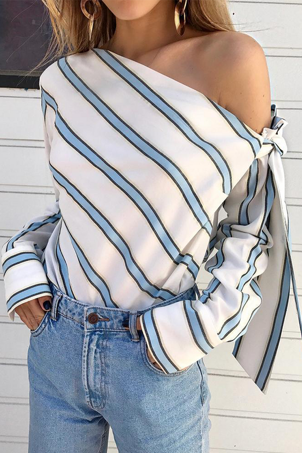 Daily Striped Patchwork One Shoulder Blouses