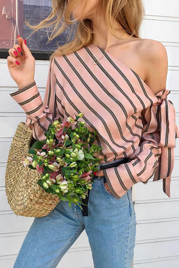 Daily Striped Patchwork One Shoulder Blouses