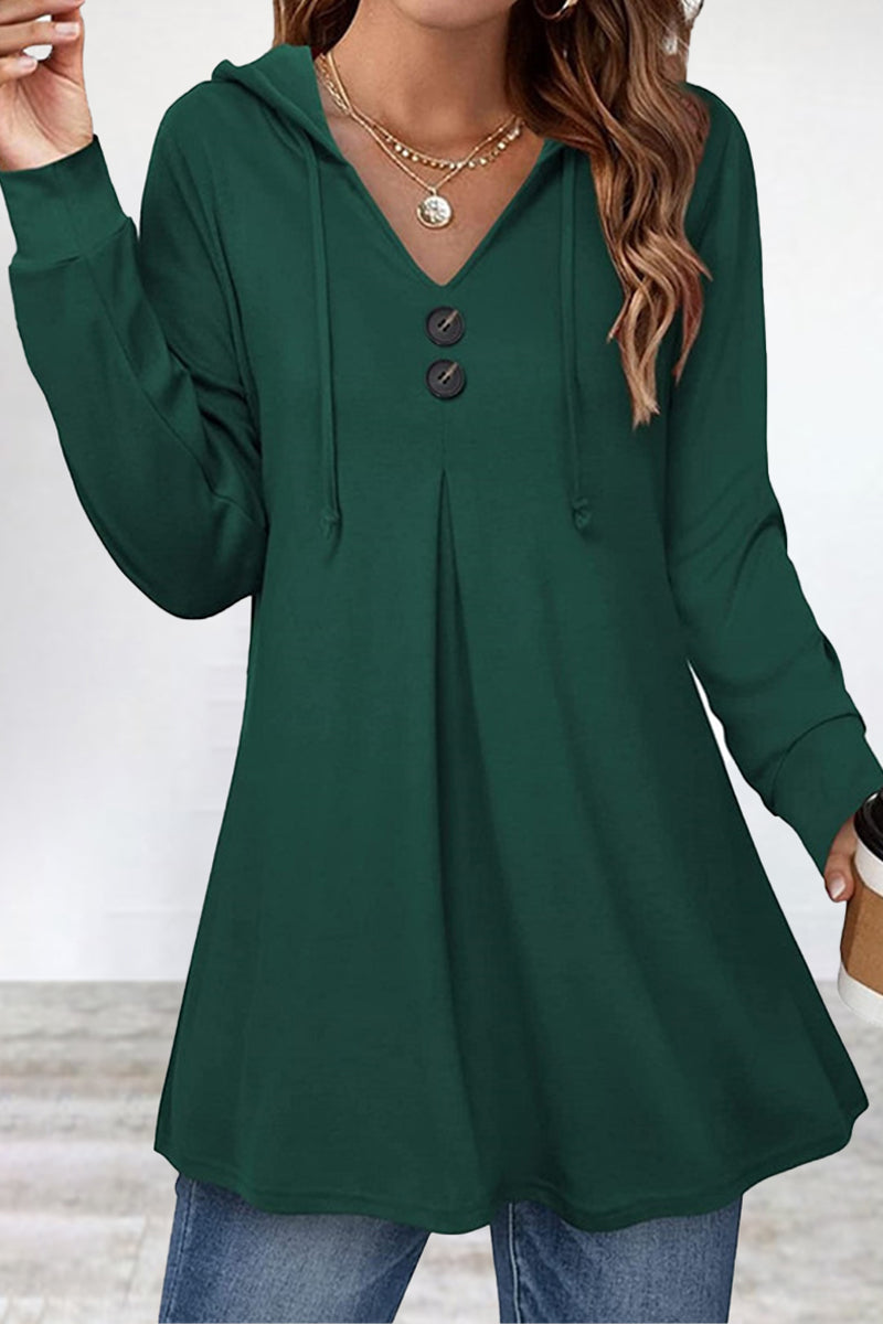 Casual Simplicity Solid Draw String Buttons Hooded Collar Tops(6 Colors)
