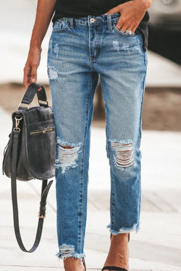 Street Solid Ripped Mid Waist Loose Denim Jeans