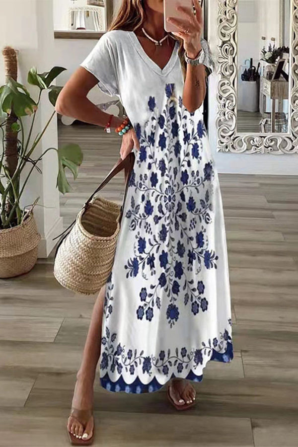 Casual Mixed Printing Patchwork Slit Printed Dress Short Sleeve Dress