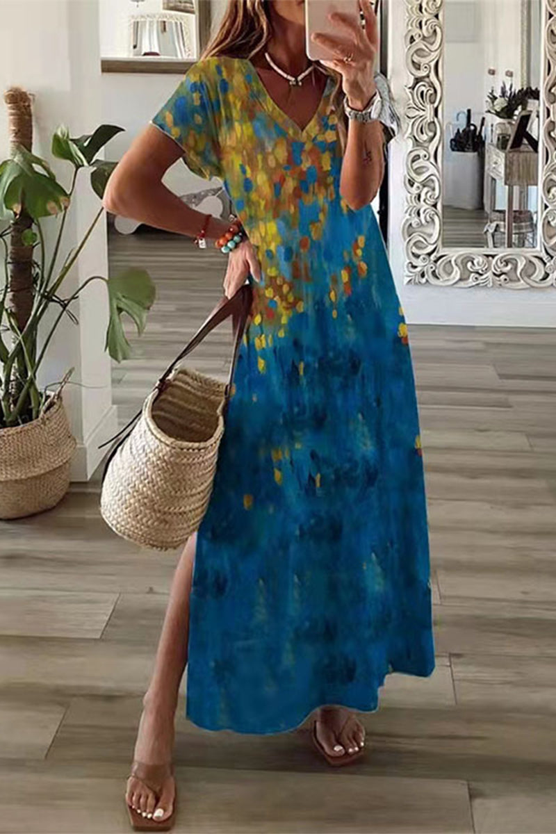 Casual Mixed Printing Patchwork Slit Printed Dress Short Sleeve Dress