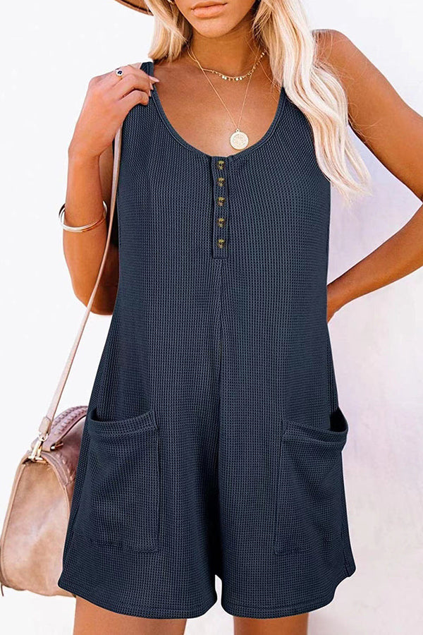Casual Street Solid Pocket Buttons V Neck Loose Jumpsuits