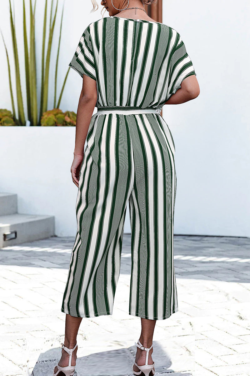 Casual Striped Contrast V Neck Loose Jumpsuits