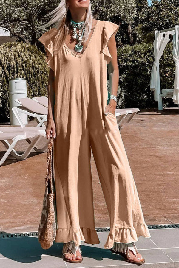 Casual Solid Flounce V Neck Loose Jumpsuits(3 Colors)