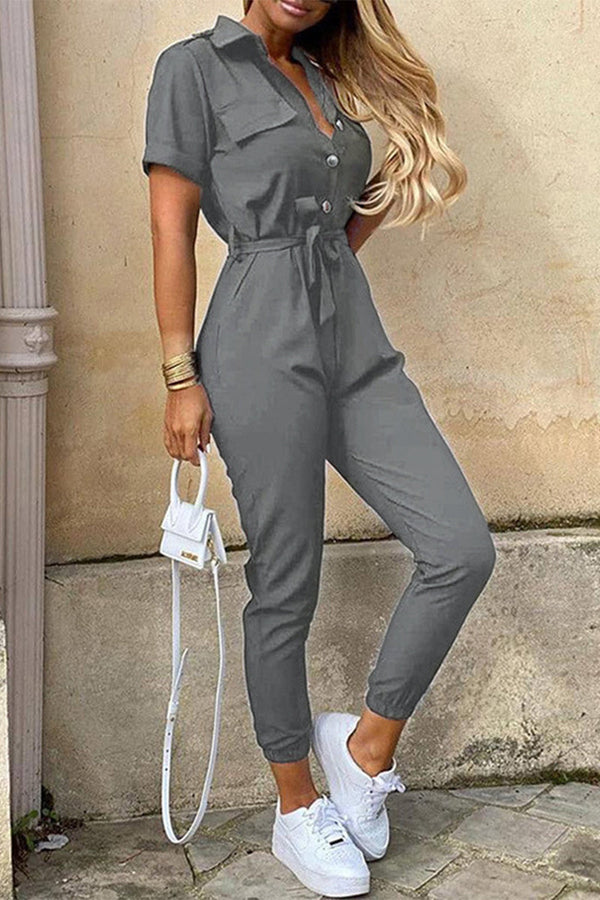 Casual Daily Solid Frenulum With Belt Turndown Collar Regular Jumpsuits(10 Colors)