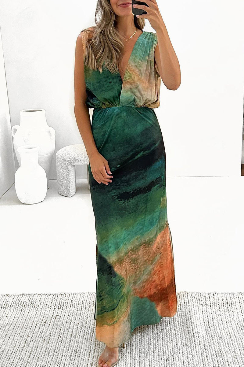 Casual Vacation Tie Dye Backless V Neck A Line Dresses