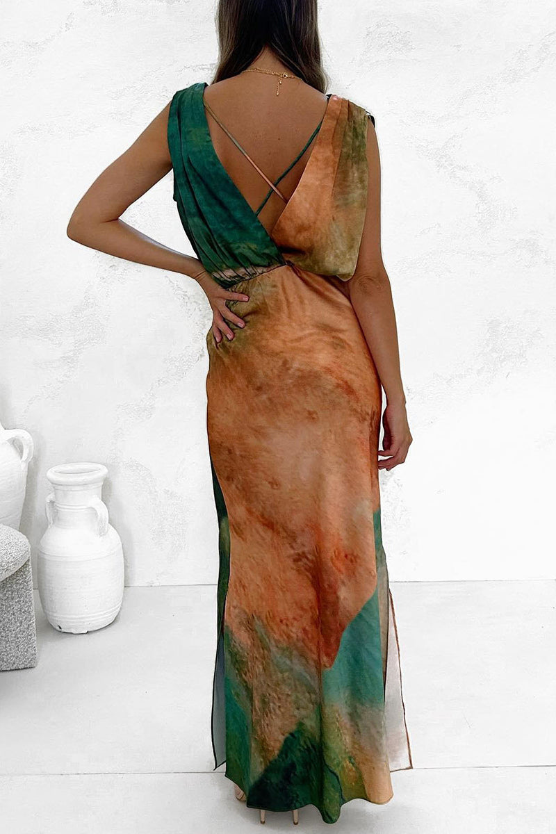 Casual Vacation Tie Dye Backless V Neck A Line Dresses