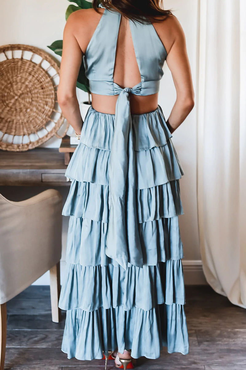 Sweet Elegant Formal Solid Flounce Halter Cake Skirt Dresses
