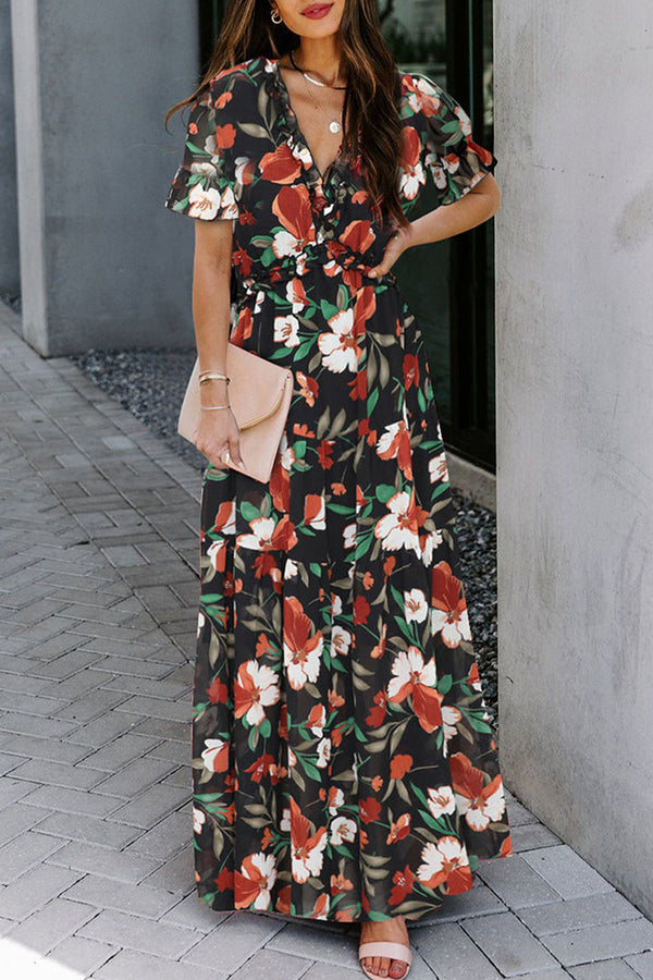 Sweet Elegant Floral Patchwork V Neck Waist Skirt Dresses