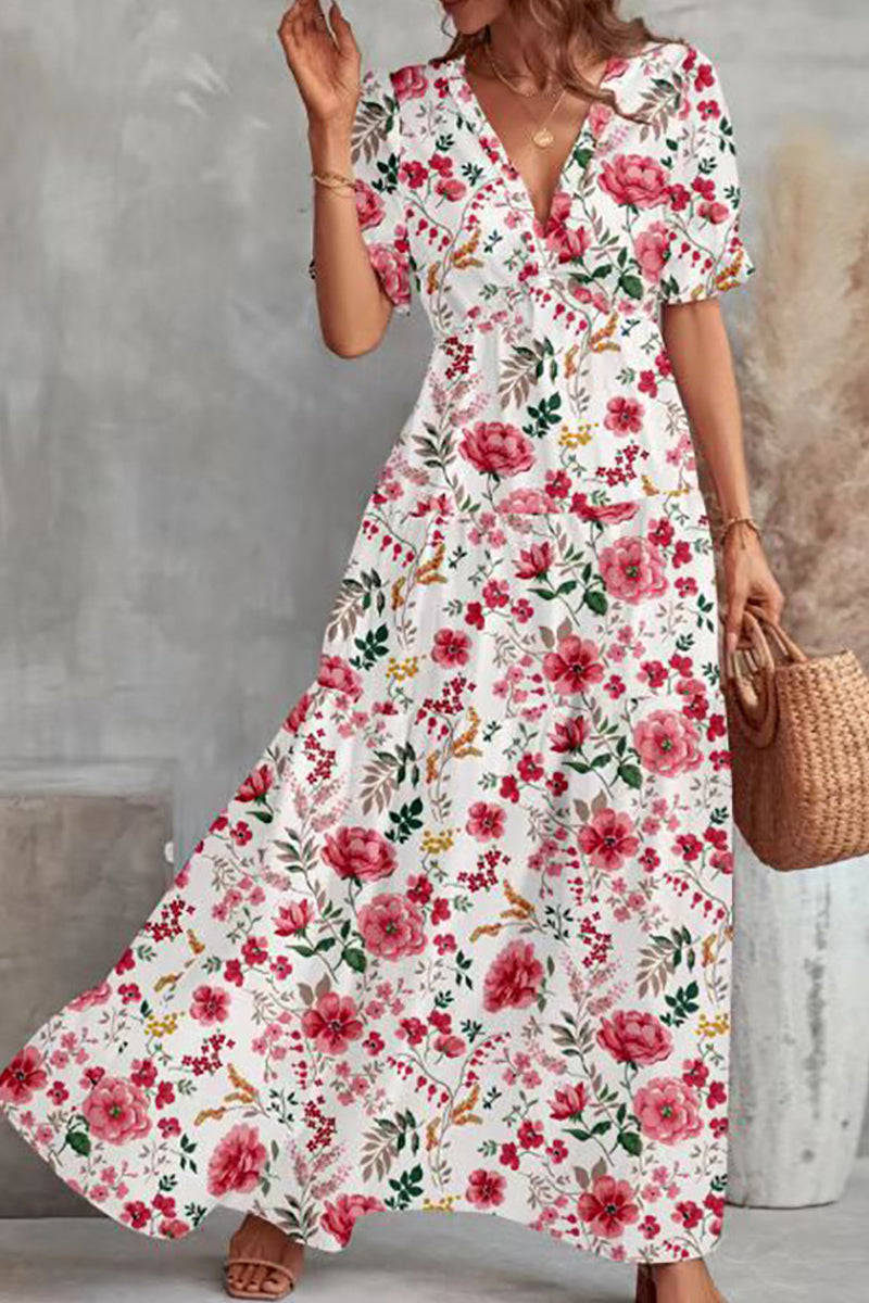 Sweet Elegant Floral Patchwork V Neck Waist Skirt Dresses