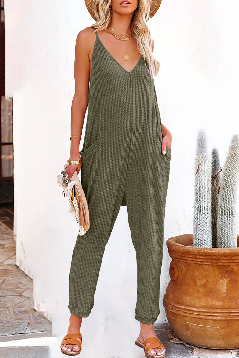 Casual Solid Solid Color V Neck Loose Jumpsuits