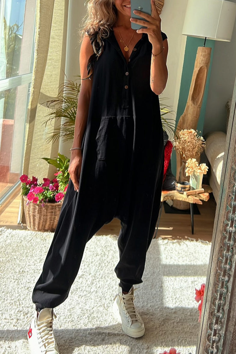 Casual Sportswear Solid Pocket Hooded Collar Loose Jumpsuits
