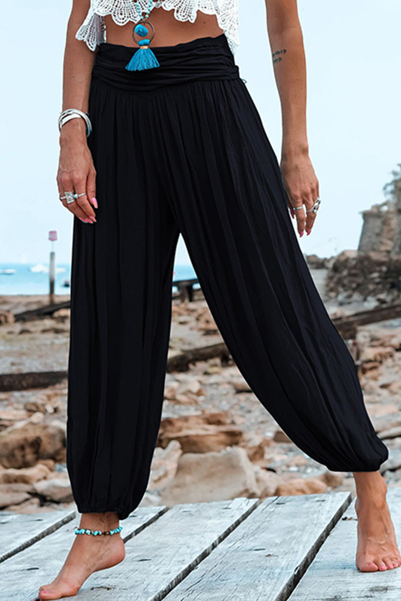 Casual Vacation Solid Fold Loose High Waist Wide Leg Solid Color Bottoms
