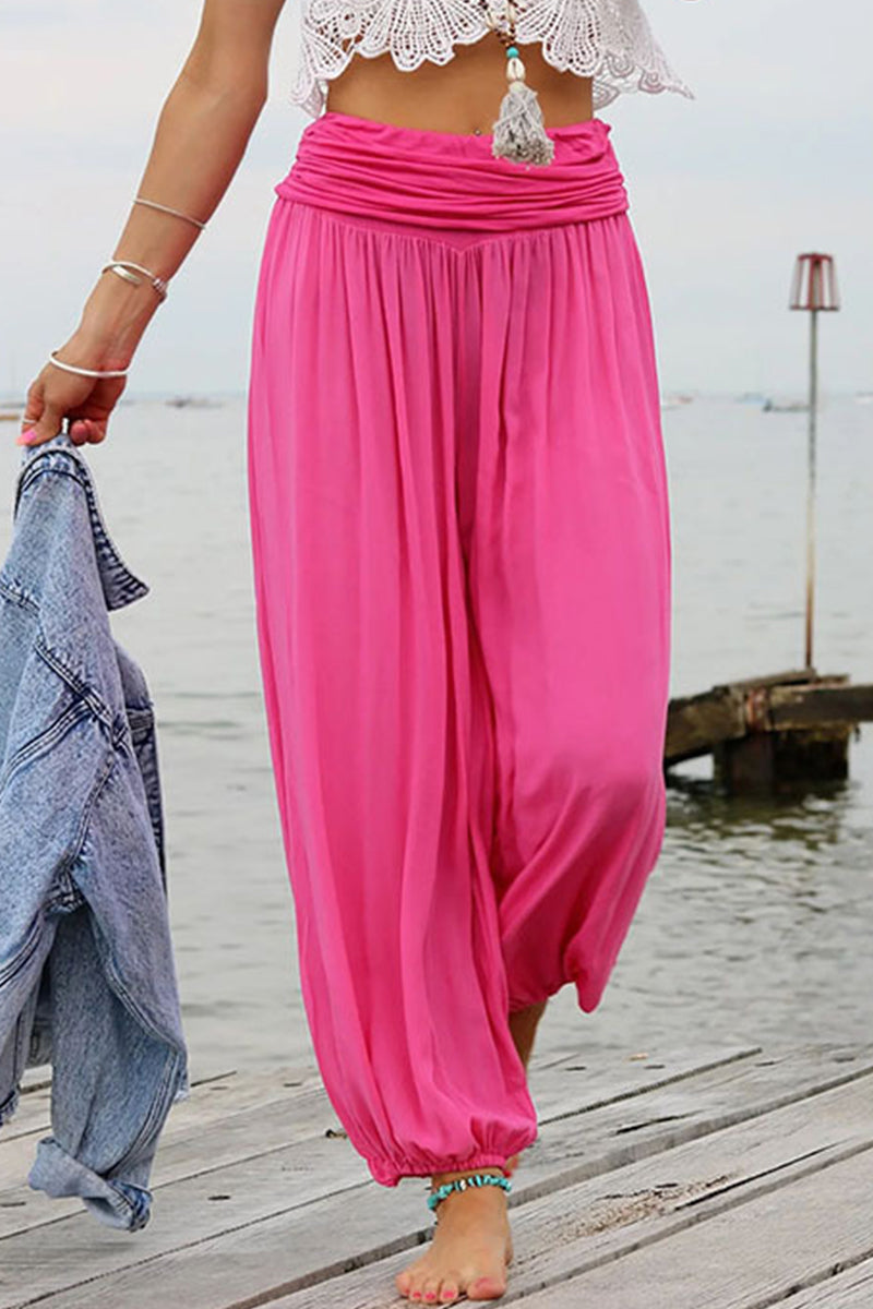 Casual Vacation Solid Fold Loose High Waist Wide Leg Solid Color Bottoms