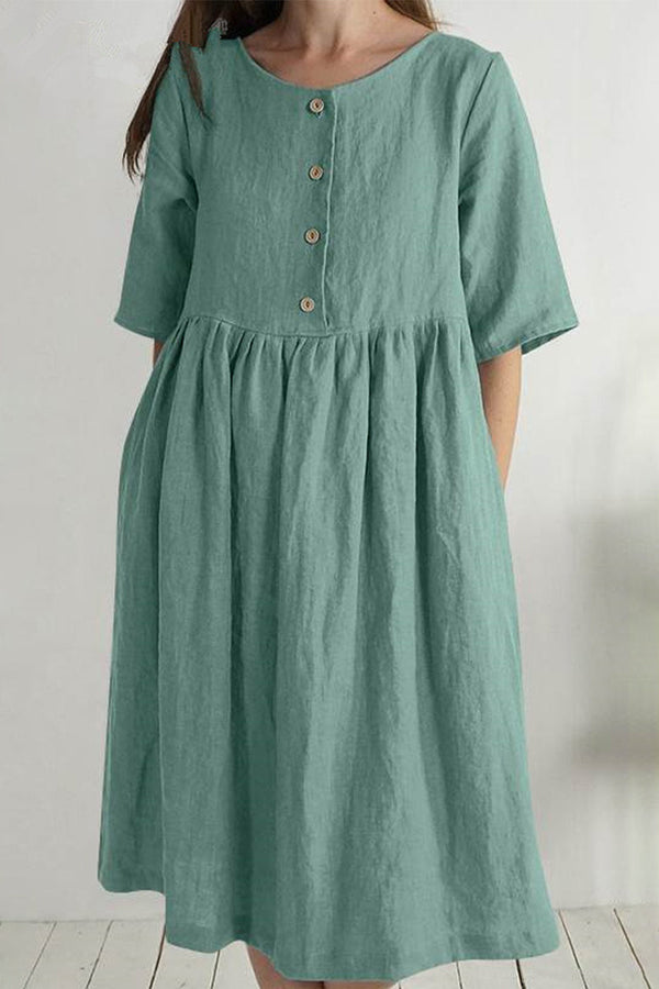 Casual Solid Buttons O Neck Short Sleeve Dress