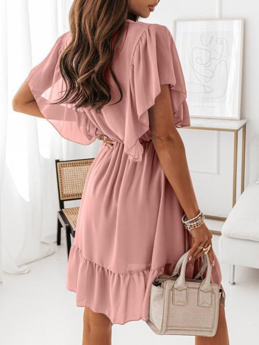 Women's Dresses V-Neck Short Sleeve Ruffled Chiffon Dress