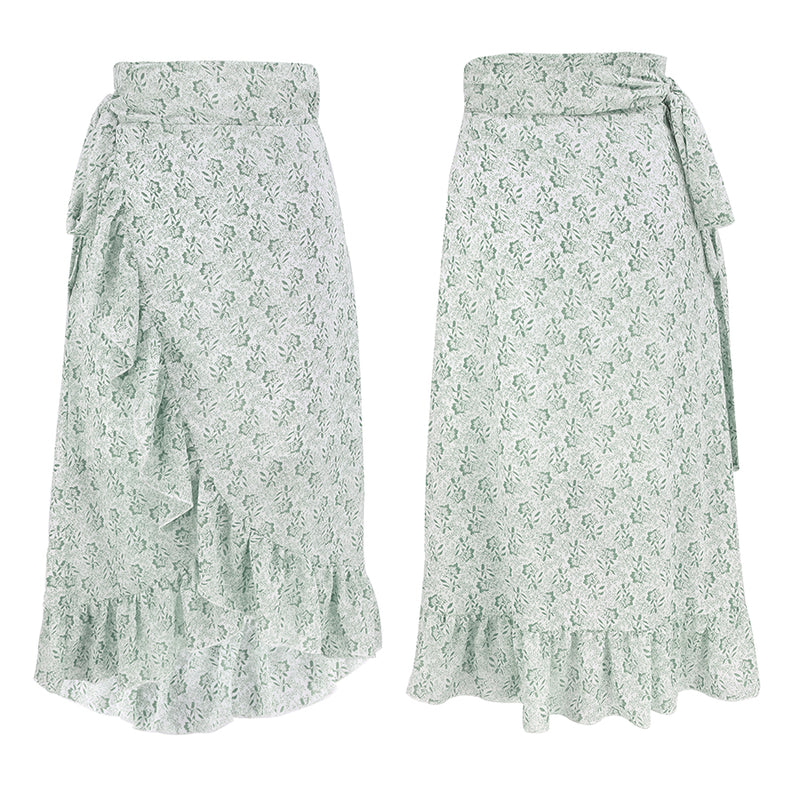 Floral Print Wrap Ruffle  High Waist Flowy Midi Skirt with Slit