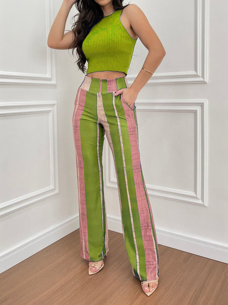 Women's Sets Sleeveless Vest Striped High Waist Pants Two-Piece Set