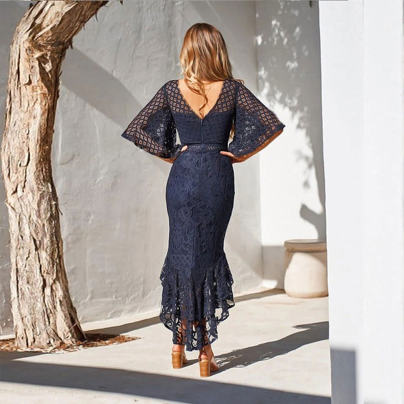 Lace Short Sleeve High Low Maxi Dress