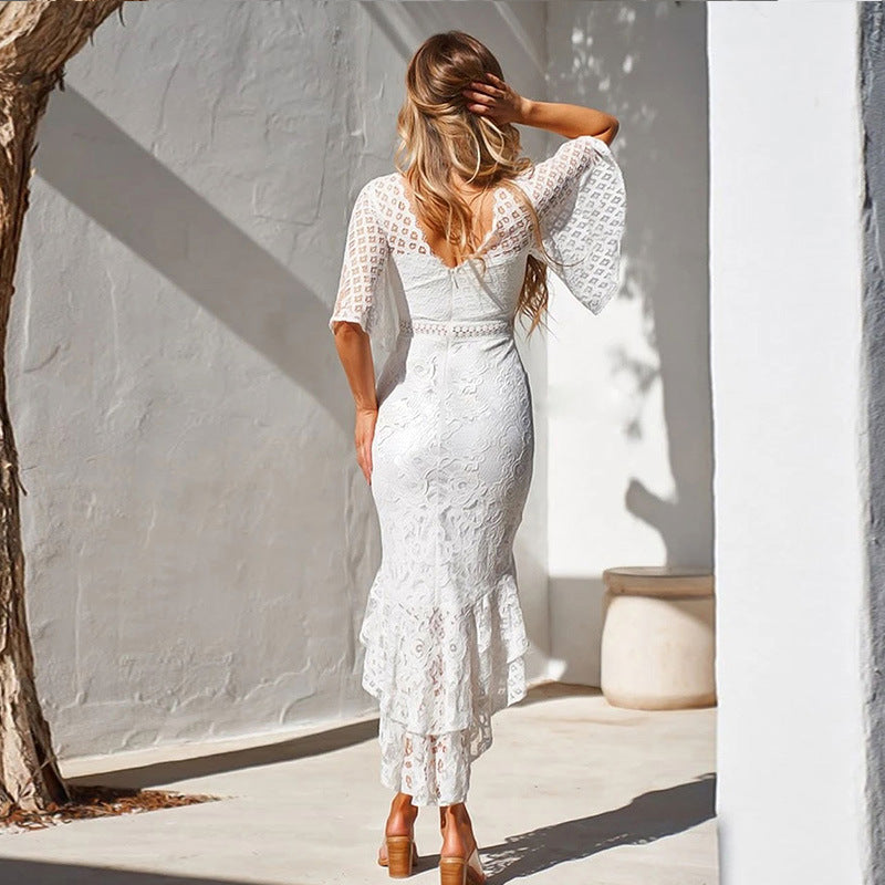 Lace Short Sleeve High Low Maxi Dress