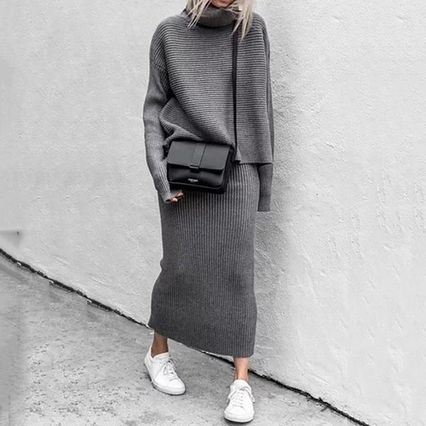 Two Piece Outfit Solid Long Sleeve Turtleneck Knit Jumper and Bodycon Midi Skirt Set